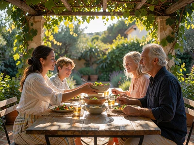Three generations of a family sharing lunch at a long table under a vine-covered garden pergola