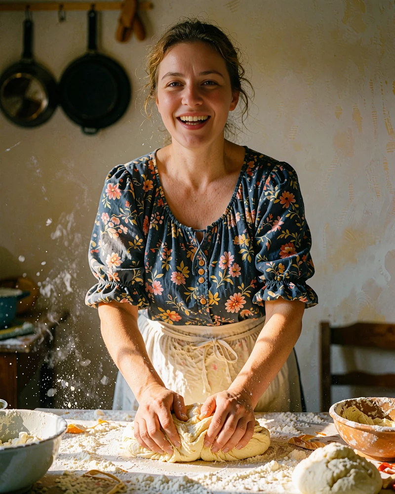 Moldovan woman in her mid-thirties kneading dough at a country kitchen table