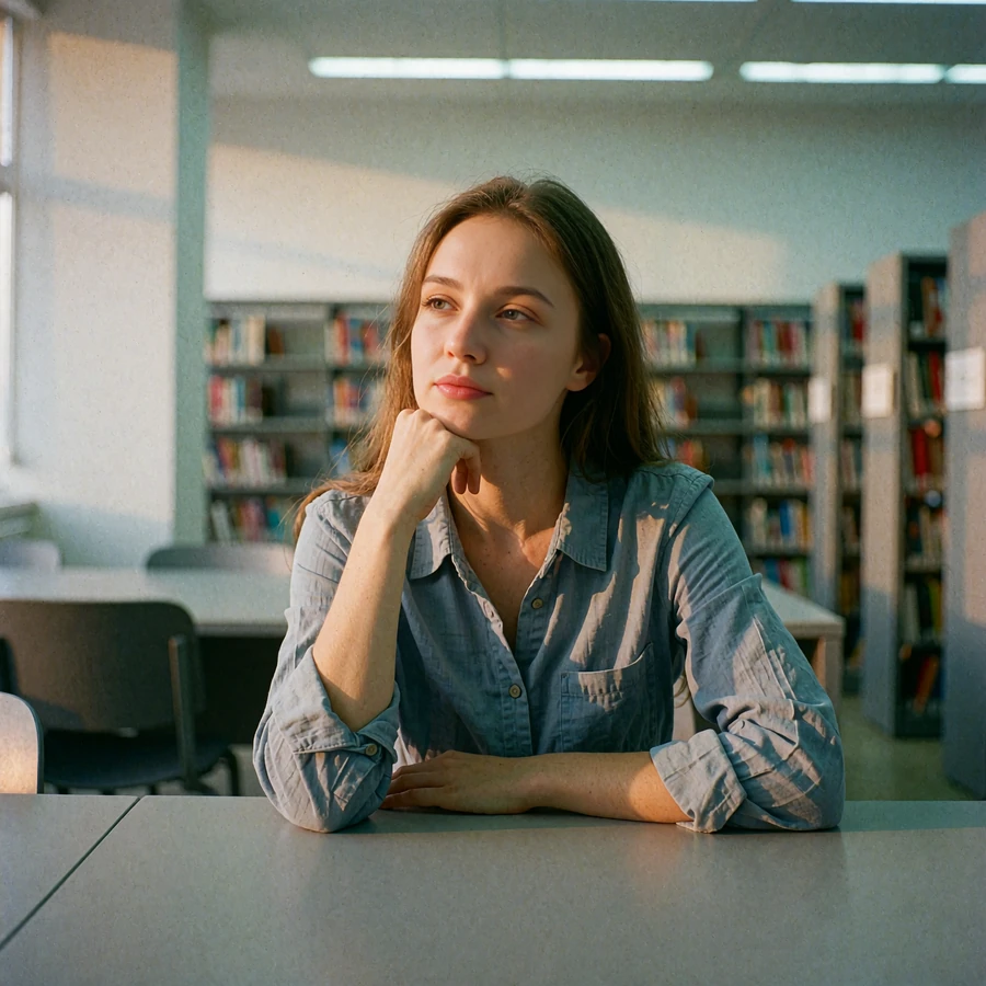 Belarusian woman resting her chin on her hand while reading at a wide table in a modern university library