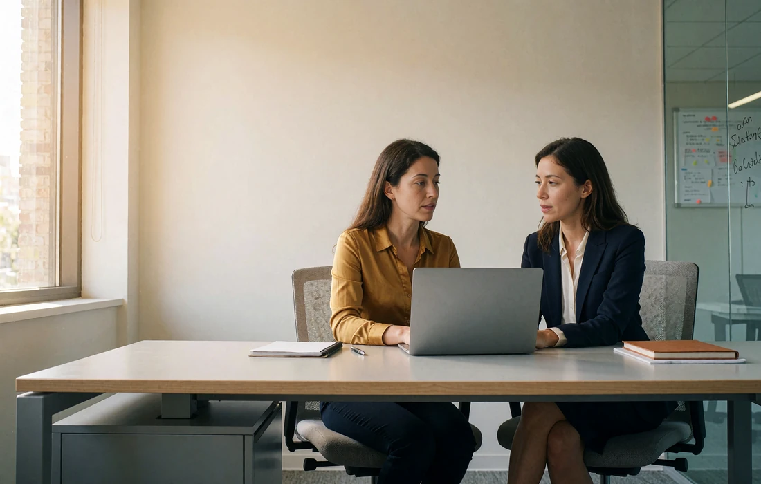 Two women reviewing member verification work together at a desk in a calm modern support office