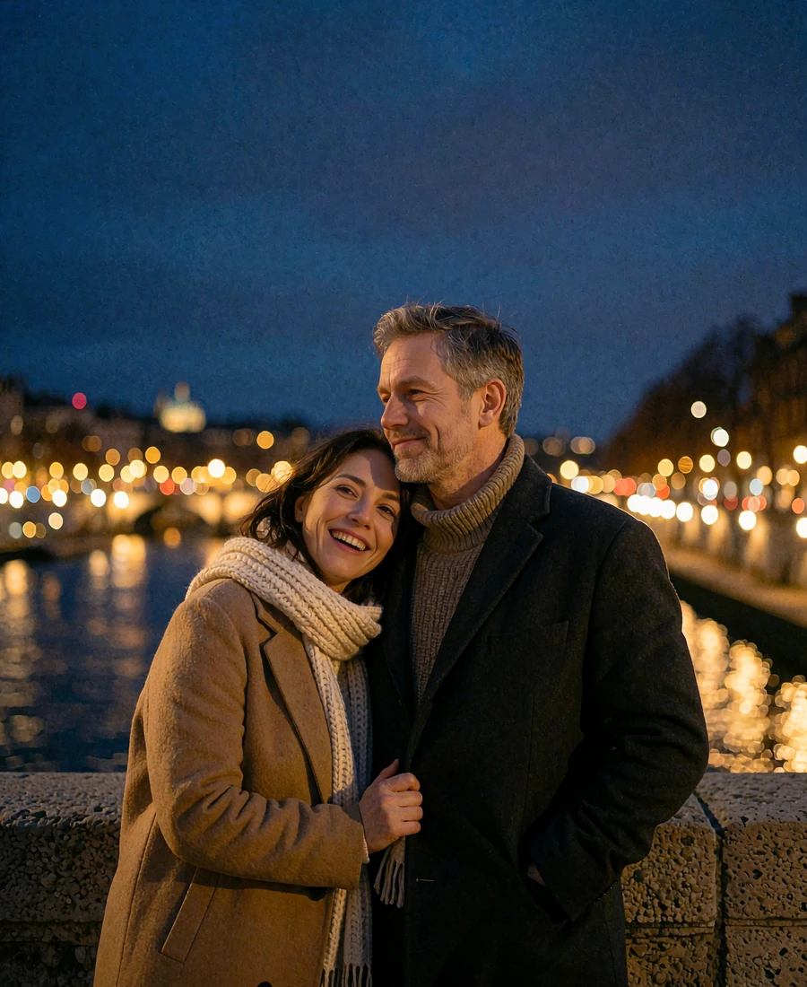 Couple in winter coats standing close together on a stone bridge at dusk with city lights behind them