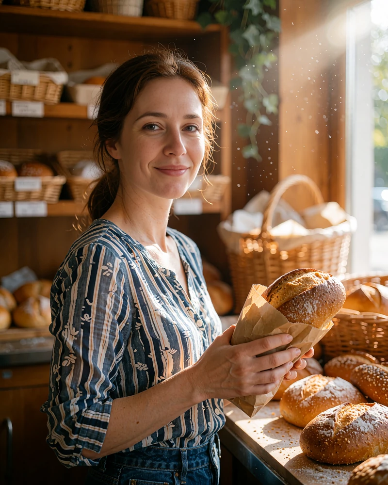 Slovak woman with chestnut hair holding a paper-wrapped loaf at a small neighborhood bakery counter