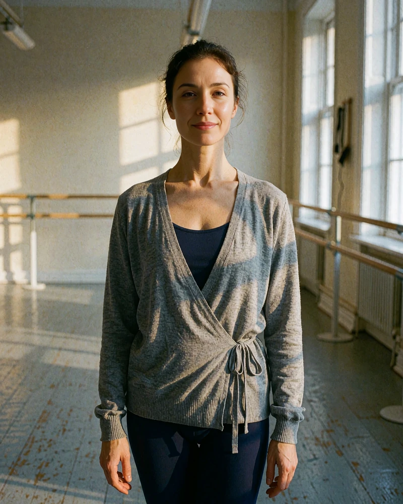 Belarusian woman in practice clothes standing composed in a rehearsal hall with tall windows
