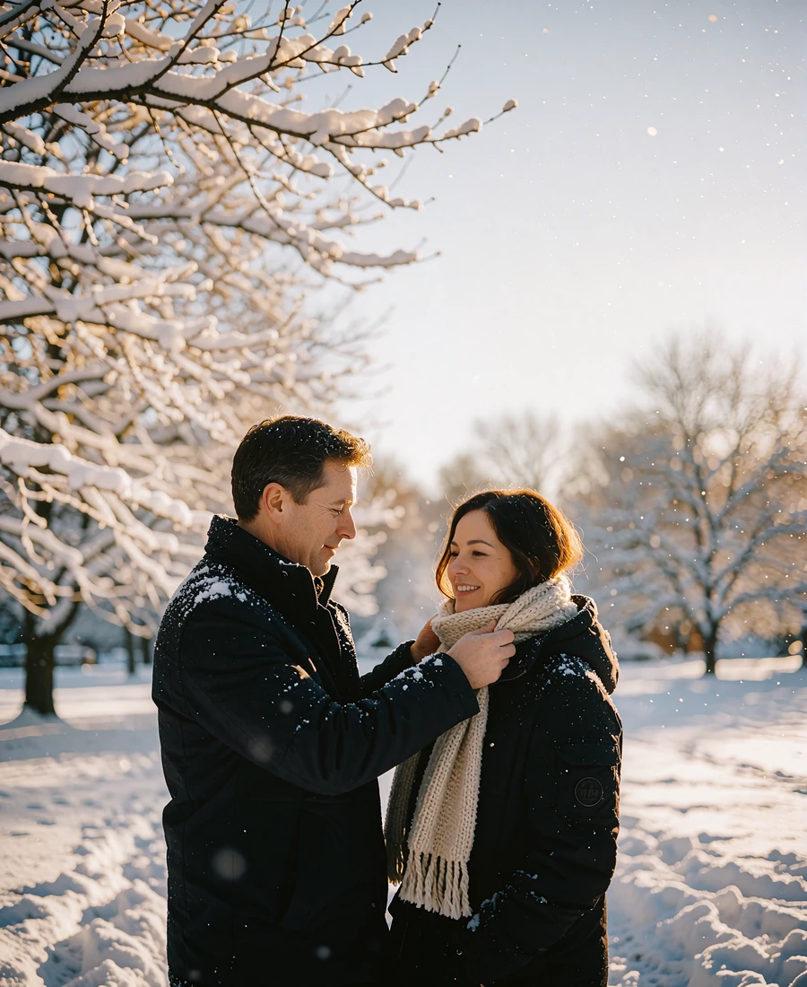 Couple in winter coats in a snow-covered park, the man wrapping a scarf around the smiling woman's neck