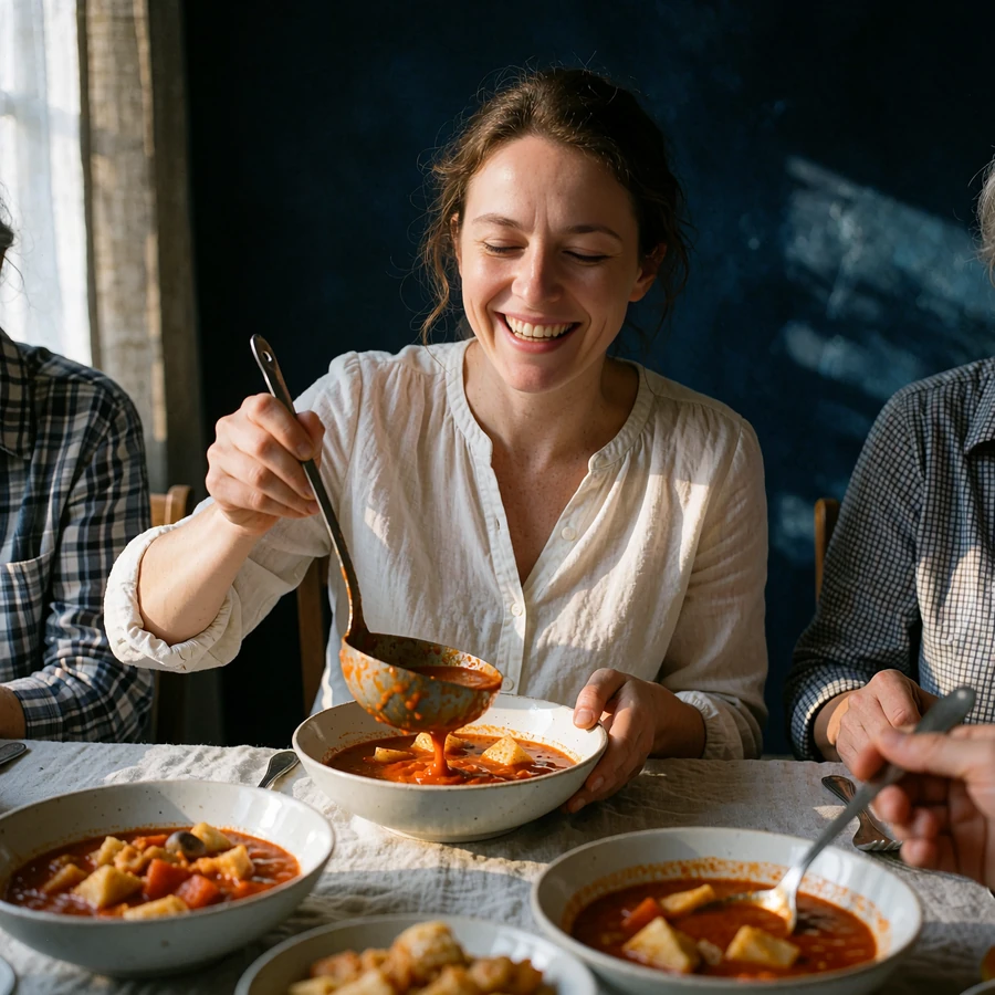 Hungarian woman laughing while ladling stew into bowls at a Sunday family lunch table