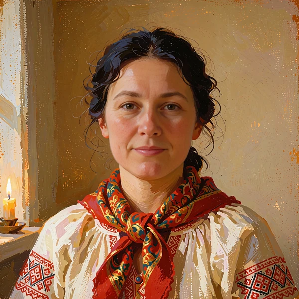 Portrait of an editor in a cream blouse with a red and gold patterned folk scarf