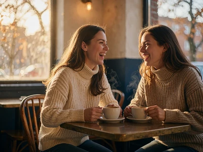 Two women laughing together over coffee at a small cafe table