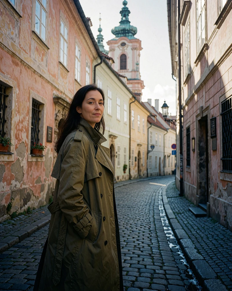 Woman in an olive trench coat walking along a cobblestone old-town lane and glancing back