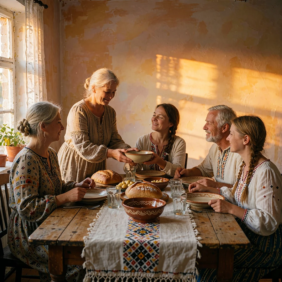 Multigenerational Ukrainian family sharing a home-cooked meal at a wooden table with an embroidered cloth