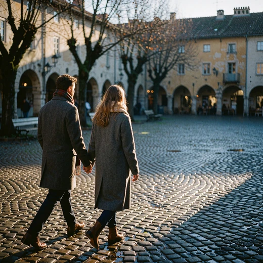 Couple walking hand in hand across an old-town square with wool coats and low winter sun