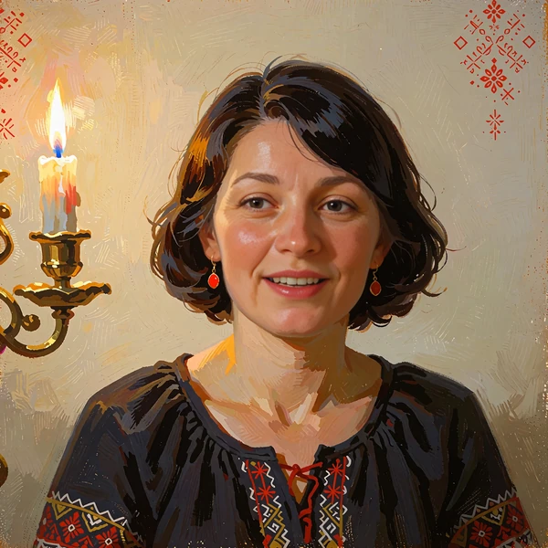 Portrait of an editor with a short dark bob and small red enamel earrings