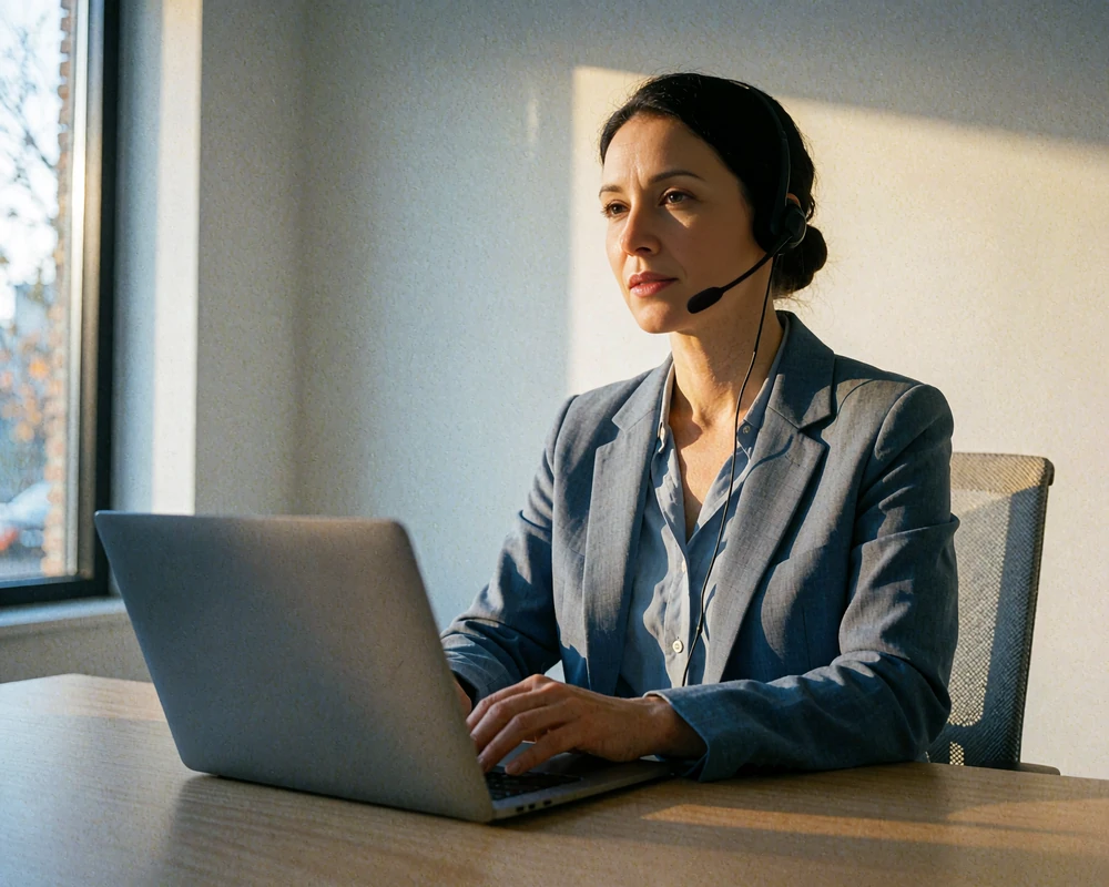 Verification specialist in a slate-blue blazer wearing a headset at a quiet office desk reviewing member accounts
