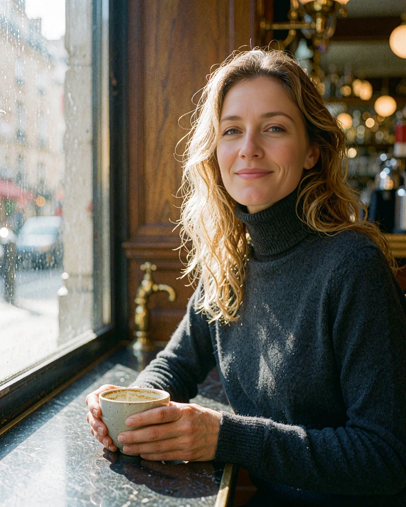 Woman in a charcoal turtleneck holding a coffee cup at a café window table, verified profile portrait