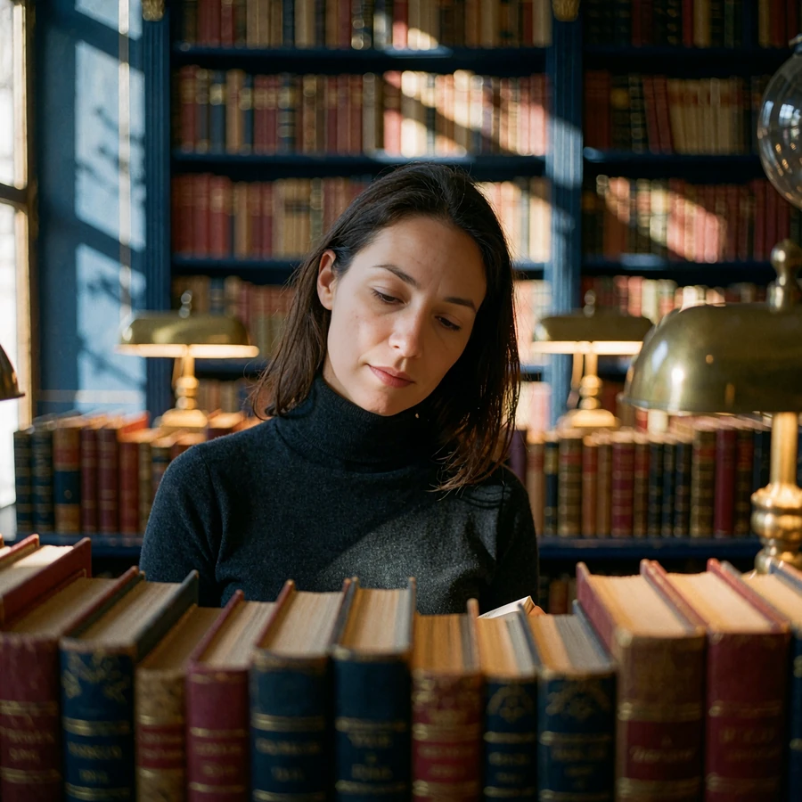 Hungarian woman in a charcoal turtleneck browsing shelves in a stately old bookshop