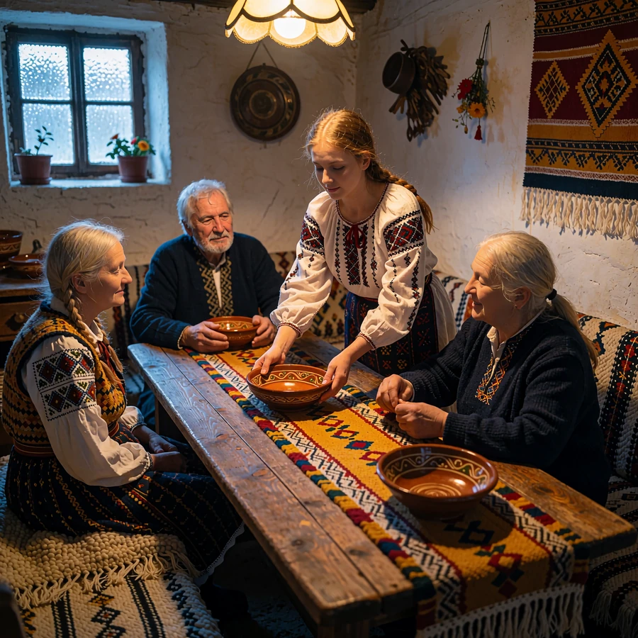 Romanian family gathered around a wooden table in a rustic countryside home during the winter holiday season