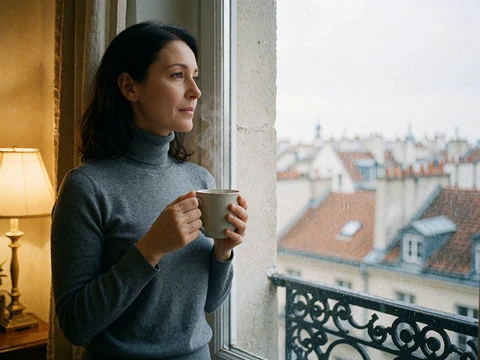 Woman in a grey turtleneck holding a mug of tea while looking thoughtfully out a tall apartment window