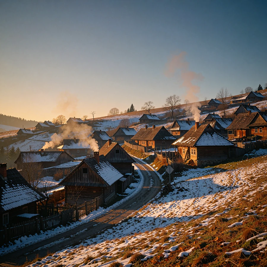 Traditional Romanian hillside village at dusk in winter with wooden houses and smoke rising from chimneys