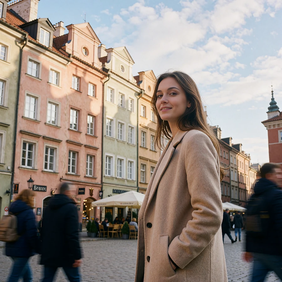 Polish woman in a tailored beige coat walking through a historic old-town square with pastel townhouses