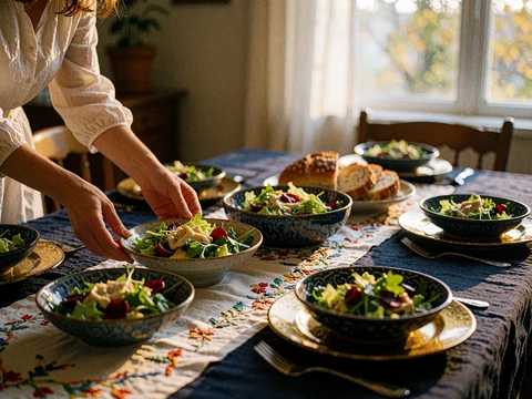 Generously laid family table with embroidered runner, bowls of salad and fresh bread