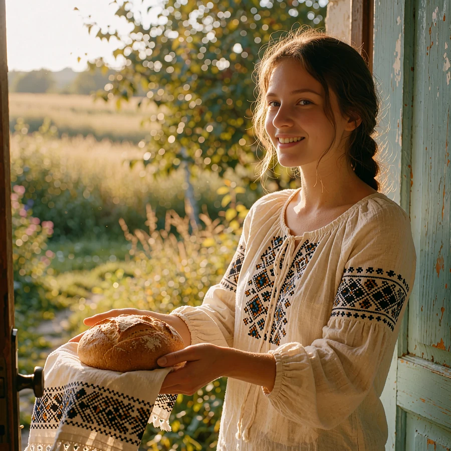 Ukrainian woman in an embroidered blouse welcoming a guest at a doorway with bread on an embroidered cloth