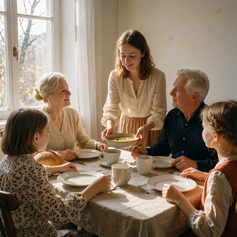Polish family of five gathered around a Sunday table, a young woman serving soup beside her parents