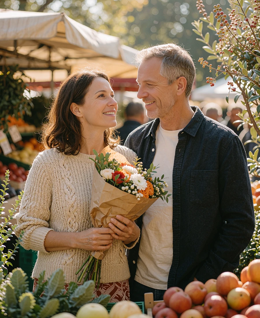 Couple in their forties browsing a sunlit outdoor market together, the woman holding a paper-wrapped bouquet