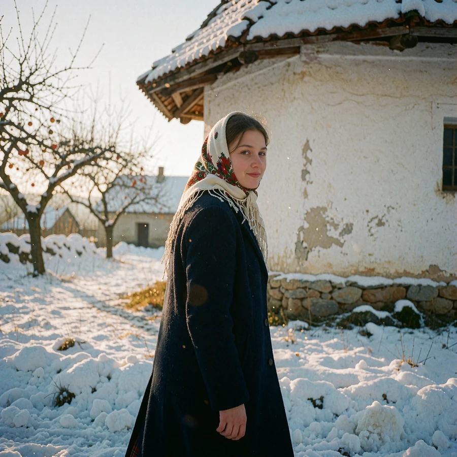 Young Moldovan woman walking past a small whitewashed village church on a snowy winter morning