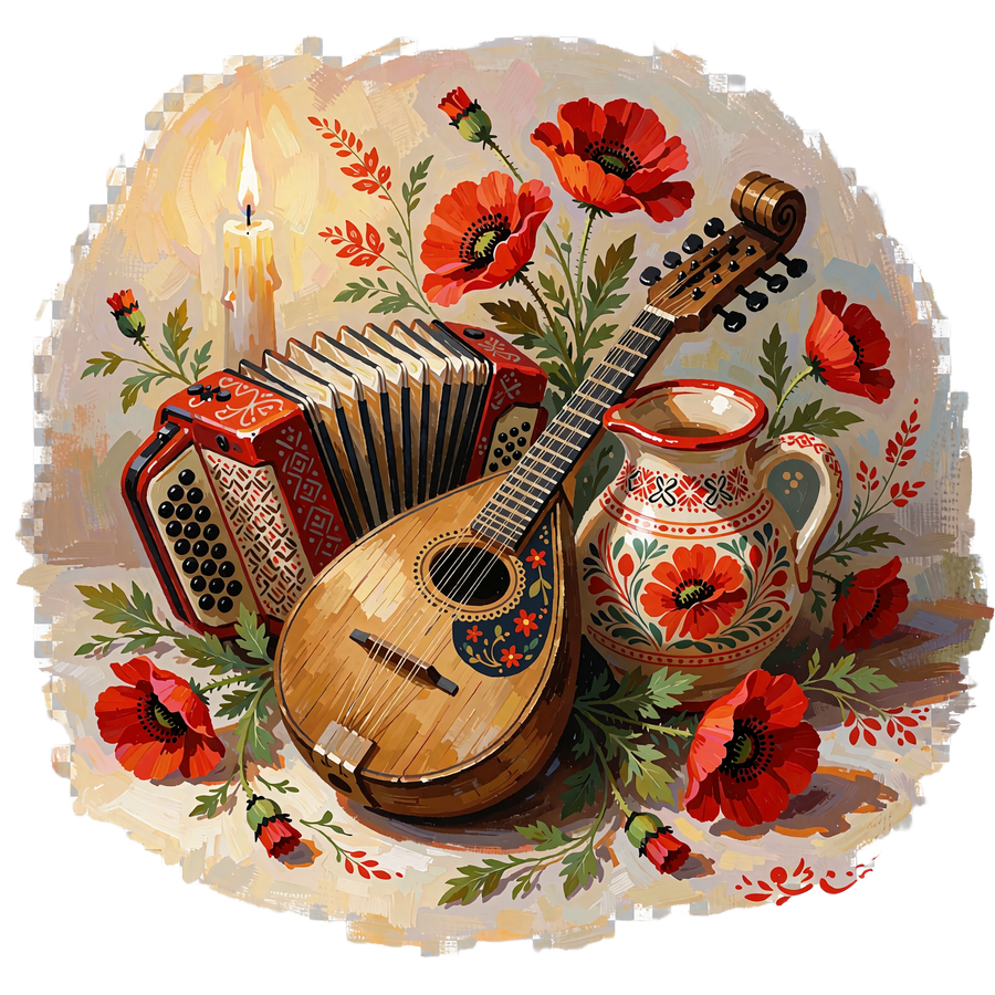 Cluster of traditional Slavic folk instruments including a wooden mandolin, a hand accordion and a painted ceramic jug with red poppies