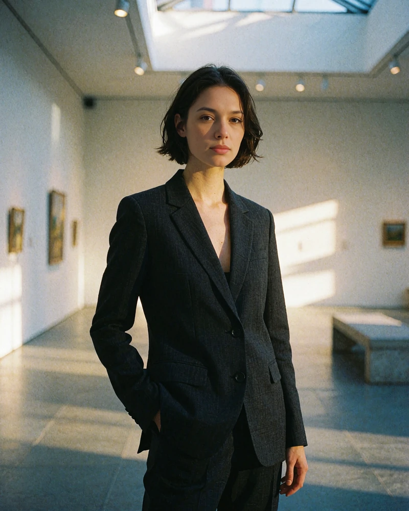 Czech woman in a black tailored blazer standing in the airy hall of a contemporary art gallery