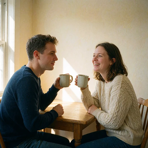 Couple sharing morning coffee at a small kitchen table, the woman mid-laugh