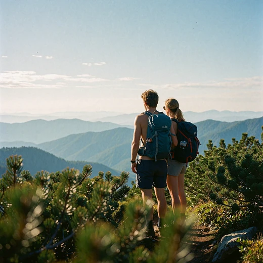 Couple seen from behind pausing together on a mountain ridge trail overlooking layered blue peaks
